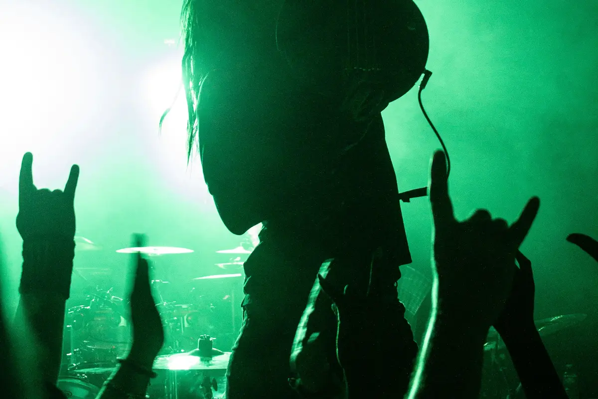 A guitarist in silhouette raises his instrument into green stage light; fists with the horns sign rise in front.